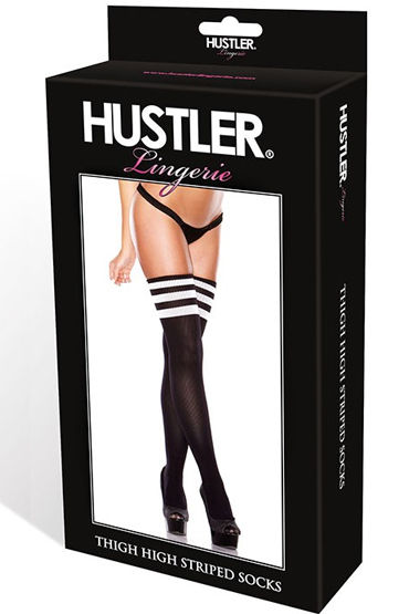 Hustler чулки, черные - С белыми полосками на резинках - купить в секс шопе