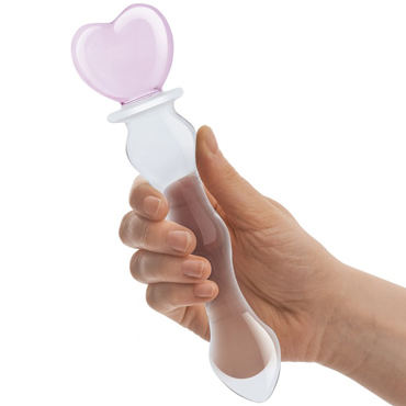 Glas Dildo 8" SweetHeart, прозрачно-розовый - Стеклянный фаллоимитатор с ручкой в форме сердца - купить в секс шопе