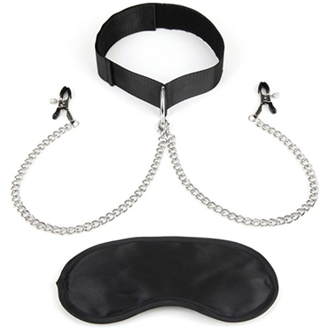 Lux Fetish Collar And Nipple Clamps, черный, Зажимы для сосков с ошейником