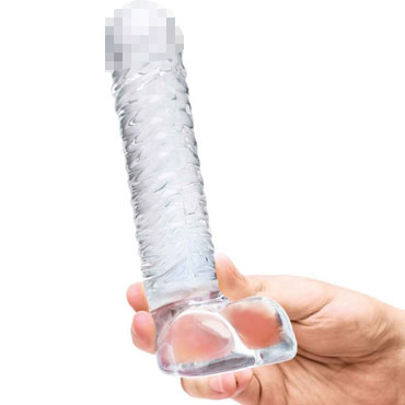 Glas 8" Realistic Ribbed Dildo, прозрачный - Ребристый фаллоимитатор с мошонкой - купить в секс шопе