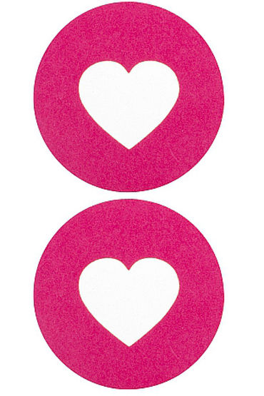 Shots Toys Nipple Sticker Round Open Hearts, розовые, Пэстисы в форме кругов, с отверстиями в форме сердечек