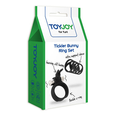 Toy Joy Tickler Bunny Ring Set, черный, Набор из насадки и виброкольца на пенис и другие товары Toy Joy с фото