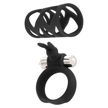 Toy Joy Tickler Bunny Ring Set, черный, Набор из насадки и виброкольца на пенис