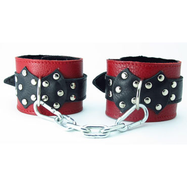 BDSM Арсенал кожаные наручники с натуральным мехом и пряжкой, красно-черные, На регулируемых ремешках