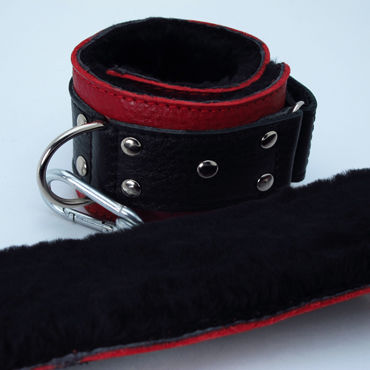 BDSM Арсенал кожаные наручники с натуральным мехом, красно-черные - фото, отзывы