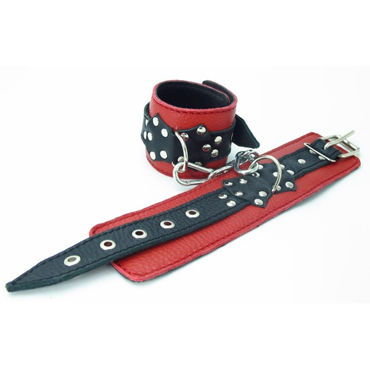 BDSM Арсенал кожаные наручники с пряжкой, красно-черные - фото, отзывы