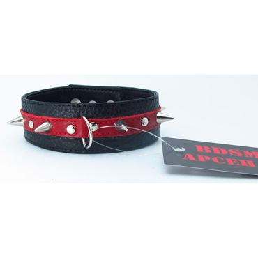 BDSM Арсенал ошейник с кольцом для поводка, черно-красный - Декорирован шипами - купить в секс шопе