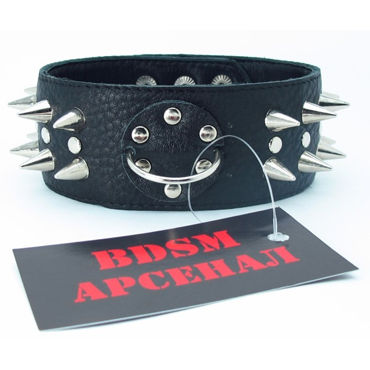 BDSM Арсенал ошейник с длинными шипами и кольцом, черный - фото, отзывы