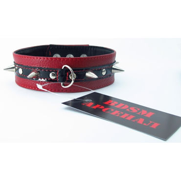 BDSM Арсенал ошейник с кольцом для поводка, красно-черный, Декорирован шипами