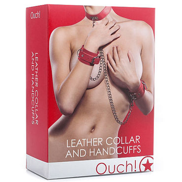 Ouch! Leather Collar and Handcuffs, красный - фото, отзывы