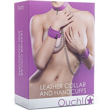 Ouch! Leather Collar and Handcuffs, фиолетовый - фото, отзывы