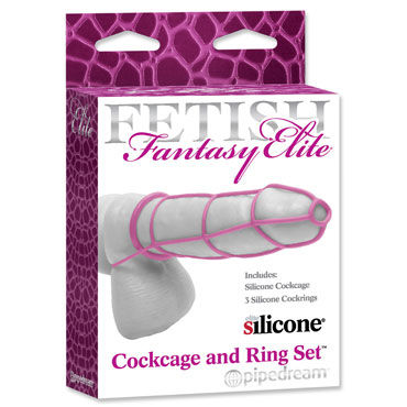 Pipedream Cockcage and Ring Set, розовый, Силиконовая сбруя на пенис и эрекционные кольца