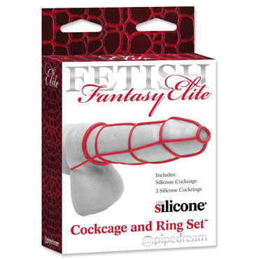 Pipedream Cockcage and Ring Set, красный, Силиконовая сбруя на пенис и эрекционные кольца