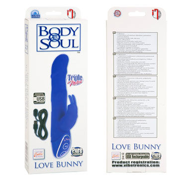 California Exotic Body & Soul Rechargeable Love Bunny, синий - Силиконовый вибратор с тремя моторчиками - купить в секс шопе
