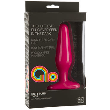 Doc Johnson GLO Vibrating Thick, розовая - Анальная пробка с вибрацией, светящаяся в темноте - купить в секс шопе