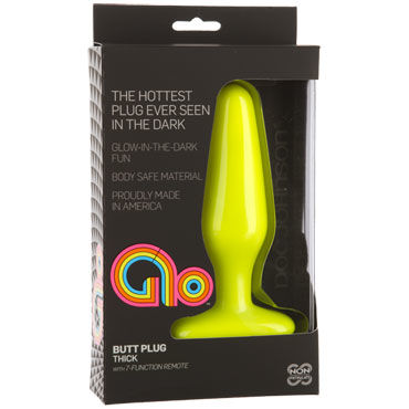 Doc Johnson GLO Vibrating Thick, желтая - Анальная пробка с вибрацией, светящаяся в темноте - купить в секс шопе