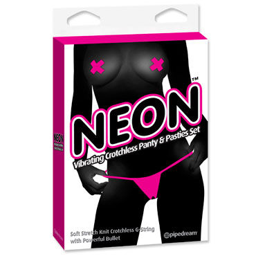 Pipedream Neon Vibrating Crotchless Panty and Pasties Set, розовый, Набор, трусики с вырезом, пэстисы и вибропуля