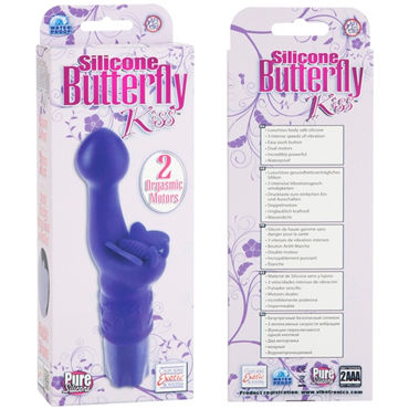 California Exotic Silicone Butterfly Kiss, фиолетовый - Вибратор с клиторальной бабочкой - купить в секс шопе