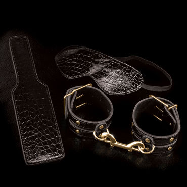 Pipedream Gold Fantasy Bondage Kit - Дизайнерская маска, пэддл и наручники - купить в секс шопе