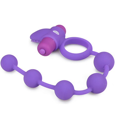 Easytoys Triple Pleasure Couple Toy, фиолетовое - Эрекционное виброкольцо с анальной цепочкой и клиторальным стимулятором - купить в секс шопе