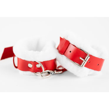 BDSM Арсенал Наручники из натуральной кожи с нежным мехом, красно-белые