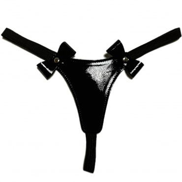 BDSM Арсенал Стринги из эко-кожи лаковые с бантиками, черные, С лямками в виде резинок
