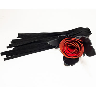 BDSM Арсенал Плеть Роза лаковая с замшевыми хвостами, красно-черная, С навершием в виде розы