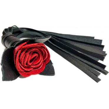 BDSM Арсенал Плеть Роза лаковая с кожаными хвостами, красно-черная - С навершием в виде розы - купить в секс шопе