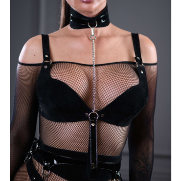 BDSM Арсенал Sex Game Ошейник с поводком замшевый, черный - фото, отзывы
