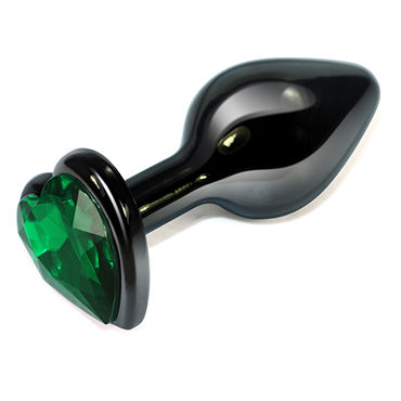 LoveToy Black Heart, зеленый, Анальная втулка с зеленым кристаллом в форме сердца