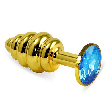 LoveToy Gold Spiral, голубой, Золотая анальная втулка с голубым кристаллом