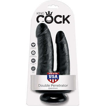 Pipedream King Cock Double Penetrator, черный, Реалистичный двойной фаллоимитатор на присоске