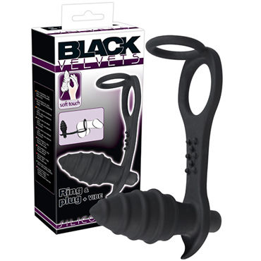 You2Toys Black Velvets Ring & Plug + Vibe, черное, Кольцо для пениса-анальная вибровтулка