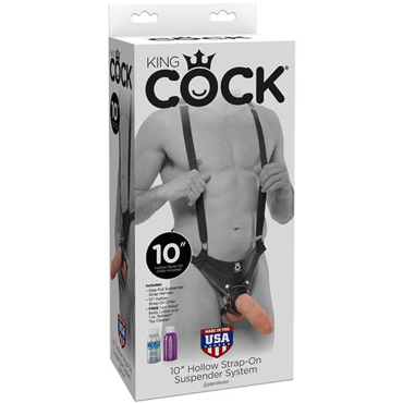 PipeDream King Cock 10" Hollow Strap-On Suspender System, телесный, Страпон + трусики-крепление на подтяжках телесный