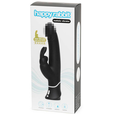 Happy Rabbit Realistic Vibrator, черный - Реалистичный вибратор с клиторальной стимуляцией - купить в секс шопе