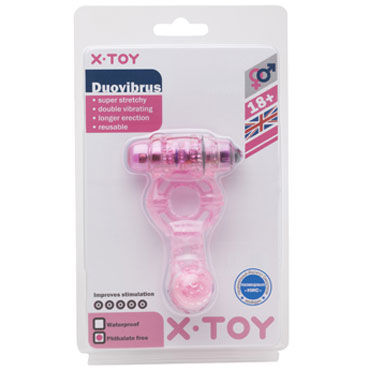 X-Toy Duovibrus II, розовое - Эрекционное кольцо с двумя виброэлементами и петлей для мошонки - купить в секс шопе