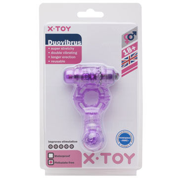 X-Toy Duovibrus II, фиолетовое - Эрекционное кольцо с двумя виброэлементами и петлей для мошонки - купить в секс шопе