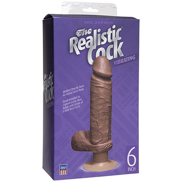 Doc Johnson The Realistic Cock Vibrating 16.5 см, коричневый - Реалистичный вибратор на присоске - купить в секс шопе