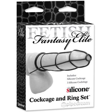 Pipedream Cockcage and Ring Set, черный, Эрекционные кольца и насадка-клетка