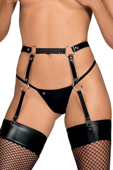 Obsessive Harness garter belt A741, черный, Пояс для чулок из ремешков и металлической фурнитуры