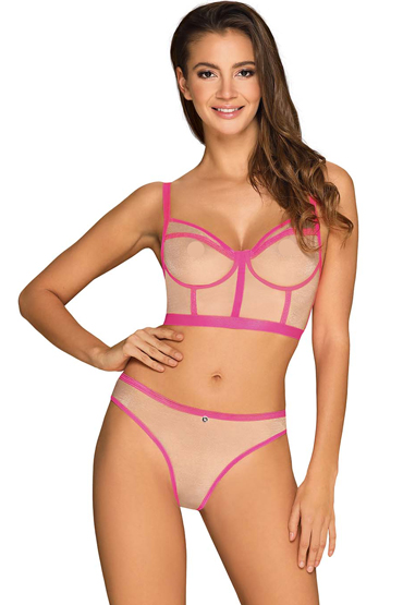 Obsessive Nudelia top with panties, бежево-розовый, Полупрозрачный комплект с контрасной отделкой