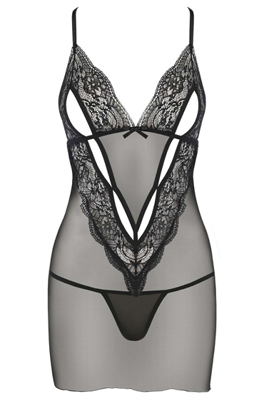 Passion Vendi chemise, черная - Сорочка с кружевом и трусики - купить в секс шопе